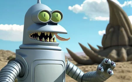 A horror film frame of ((an alien godzilla lizard))  benderbot  <lora:SDXL-benderbot-Lora:0.8>, very detailed, clean, high quality, sharp image