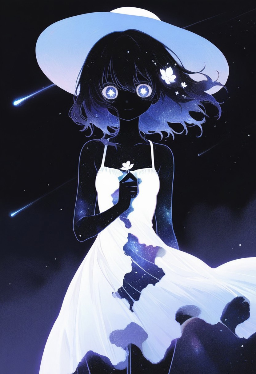 abstract , newest , absurdres , abstract , meteor showers , glowing flower blooming , (blending:1.2) , (revealing layer:1.2) , galaxy skin , galaxy hair , shooting star , night sky , sundress , sundress , sunhat , holding clothe , against strong wind , cute smile , (galaxy eyes) , black body , 
masterpiece, best quality ,amazing quality ,15546+456868, 0__11Xx_illu,