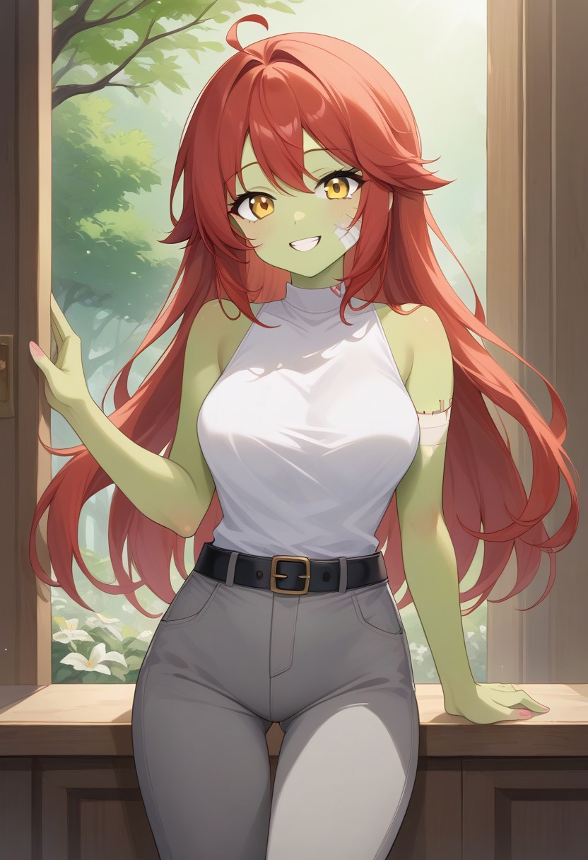 Masterpiece, High quality, OC, Female Adult woman, 1girl, solo, Zombie woman, green skin, cute face, Yellow eyes, Long light red hair, white, white sleeveless top, one sleeve on right side, small black flower patterns on shirt, gray pants with small rips, gray bandage on left hand, stitches on face, black belt, standing, happy expression, Cherry Garden background. zombie, colored skin, stitches, green skin,