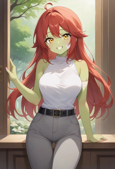 Masterpiece, High quality, OC, Female Adult woman, 1girl, solo, Zombie woman, green skin, cute face, Yellow eyes, Long light red hair, white, white sleeveless top, one sleeve on right side, small black flower patterns on shirt, gray pants with small rips, gray bandage on left hand, stitches on face, black belt, standing, happy expression, Cherry Garden background. zombie, colored skin, stitches, green skin,