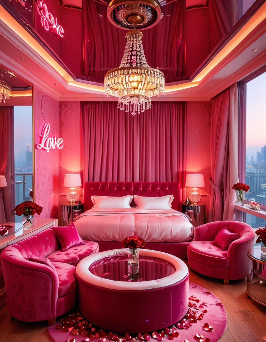 A luxurious, stylish love hotel room,love hotel r00m with a romantic and intimate atmosphere. The room features a large, round king-sized bed with silky red and black sheets, surrounded by soft, ambient lighting. Neon pink and purple LED lights illuminate the walls, creating a sensual glow. A plush velvet sofa sits near the bed, with a glass-topped coffee table holding champagne glasses and a chilled bottle of champagne. The ceiling has a large mirror, reflecting the entire room. On one side, thereâs a floor-to-ceiling window with sheer curtains, showing the night cityscape in the background. A modern jacuzzi tub with rose petals floating on the water is visible in the corner, surrounded by candles. The room has a sleek, modern design with a touch of opulence, including gold accents on the furniture and warm wooden floors. The lighting is dim and moody, emphasizing the romantic ambiance.
<lora:SDXLFaeTastic2400:0.4> <lora:extremely_detailed:0.4> extremely detailed, <lora:love_hotel_r00m:1>, Masterpiece,best quality,hi res,8k,hi res,8k,award winning,(sharp focus, intricate, highly detailed),