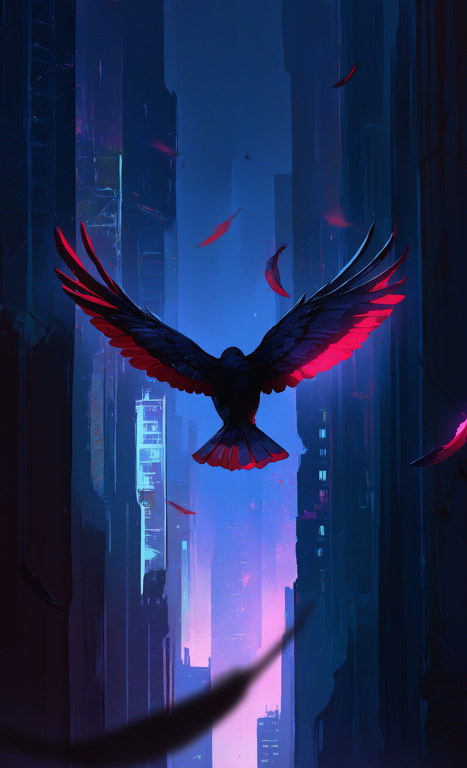 no humans, general, animal focus, black crow, high up, city ruins, feathered wings, (falling feathers:1.3), red feathers, night, glowing, cracked wall, cyberpunk, motion lines, from behind, flying bird, close-up, film grain, glitch, depth of field, cinematic, masterpiece, best quality, very awa, newest, absurdres, highres, <lora:ponyv5_noobV065S_1_adamW-000013:1.00>