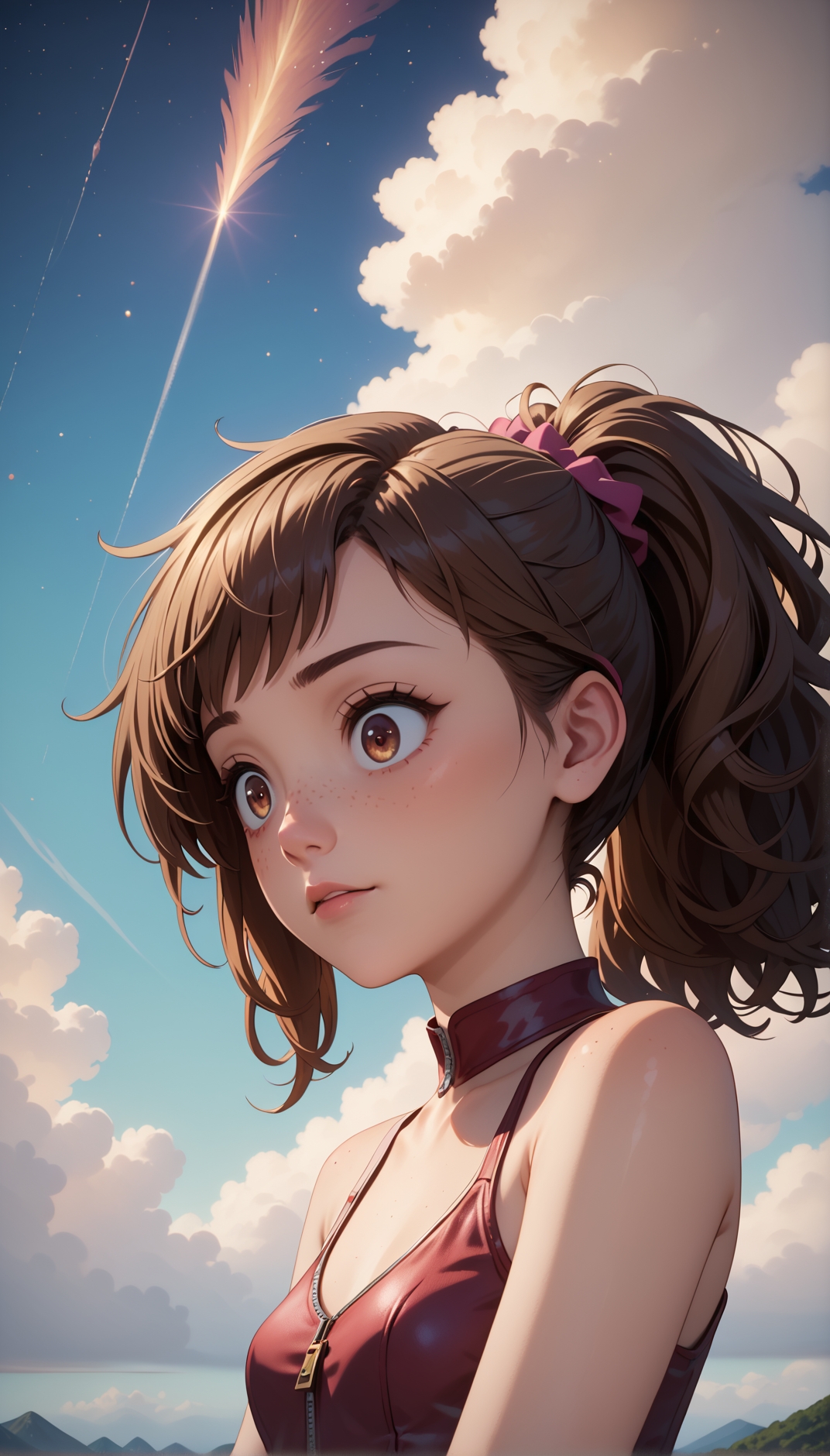 score_9, score_8_up, score_7_up,masterpiece,best quality,high quality,rating_safe,sfw,anime artwork,cinematic,very aesthetic,natural lighting,3d cartoon, 1girl french,hazel eyes,solo, (((young adult)),older),Zip-lining,stifled laugh, surprise face expression, long brown hair, pony tail hairstyle,kanzu,small breasts, detailed skin,intricate skin details, freckles:1.5, from below, group profile, starry background, silhouetted against the bright sky, detail shadow, detailed skin texture, natural skin, clean skin pores, highly detailed iris, highly detailed skin texture, perfect eyes,intricate details,extremely detailed, highly detailed, detailed,absurdres,Hires