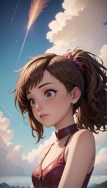 score_9, score_8_up, score_7_up,masterpiece,best quality,high quality,rating_safe,sfw,anime artwork,cinematic,very aesthetic,natural lighting,3d cartoon, 1girl french,hazel eyes,solo, (((young adult)),older),Zip-lining,stifled laugh, surprise face expression, long brown hair, pony tail hairstyle,kanzu,small breasts, detailed skin,intricate skin details, freckles:1.5, from below, group profile, starry background, silhouetted against the bright sky, detail shadow, detailed skin texture, natural skin, clean skin pores, highly detailed iris, highly detailed skin texture, perfect eyes,intricate details,extremely detailed, highly detailed, detailed,absurdres,Hires