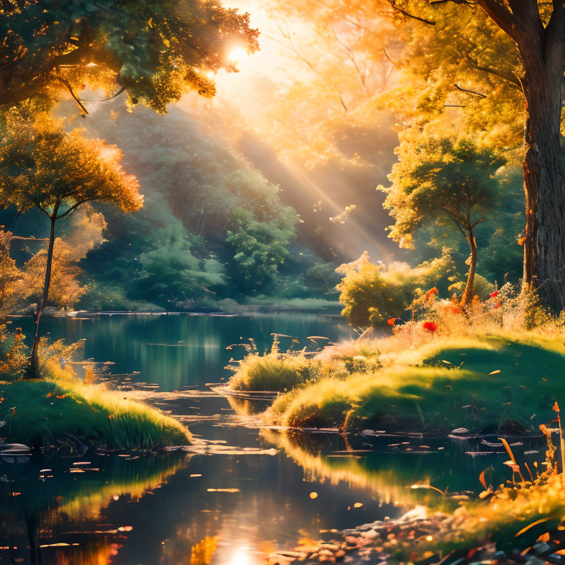 (masterpiece:1.2), (best quality,:1.2), 8k, HDR, ultra detailed, ((photorealistic)), professional light, cinematic lighting, fashion photography, ambient lighting, face lighting,  <lora:detail_slider_v4:4.>, a small lake in a forest, sunlight, godrays, reeds, FanFo, <lora:FantasyForest-10:0.9>, epiCPhoto