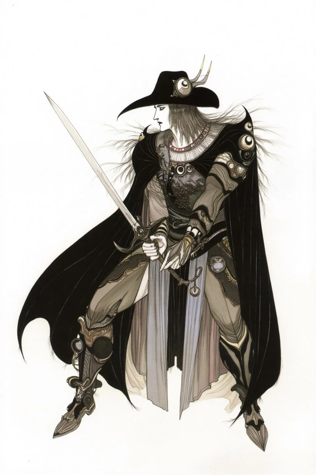 amayo illustration.
A man standing in a dramatic, slightly angled pose. He is dressed in elaborate, ornate armor and attire, with a dark, flowing cloak that billows behind him. The cloak is a deep, rich black color with subtle, intricate patterns that give it a sense of depth and texture. He is wearing an ornate wide-brimmed black hat He is looking to the side, holding a saber with both hands in a battle stance. <lora:amayo1_cap_d6a3e11:1.0><lora:827319643338251091:0>