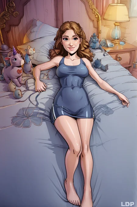 h3rm 1girl, thin<lora:LDP_1.5:0.8>l0r4d0p0rn,rating_safe,bed, lamp, tight clothes , barefoot, on bed, lying, looking at viewer, nervous smile, 1girl, <lora:g0th1c2XLP:0.4> <lora:Witch_Trainer-000007:1>