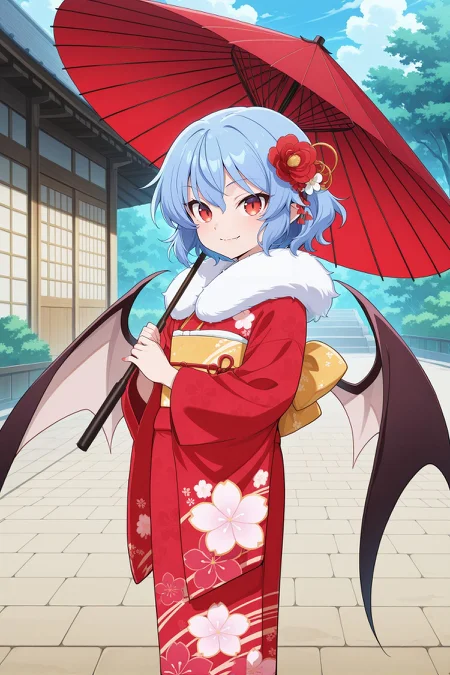 absurdres, highres, masterpiece, best quality, amazing quality, official anime artwork, screencap, anime screencap, outdoors, looking at viewer, light smile, dynamic pose, standing,
<lora:Remilia-Scarlet_Illustrious-000037:1> Remilia Scarlet, 1girl, solo, red eyes, blue hair, short hair, fang, bat wings,, remilia scarlet \(vampire praying for good health\), alternate costume, floral print, fur collar, fur trim, hair flower, hair ornament, japanese clothes, kimono, long sleeves, yellow obi, red obijime, print kimono, red kimono, ribbon, wide sleeves, looking at viewer, light smile, holding umbrella,