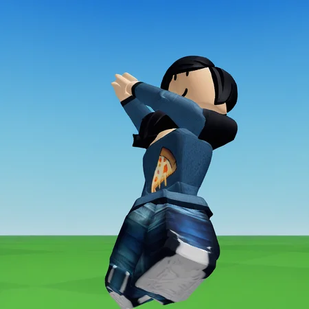 stretching, day, hair, looking at the side, shoes, open mouth, heart icon, smiling, looking down, simple background, art, jumping, 2d, ponytail, looking at hand, roblox, tied hair, pizgrl, squatting, showing bra, back view, big breasts, pizza shirt, long sleeves, tongue, full body, dancing, clouds, drawn, digital art, character focus, outdoors, black hair, green grass, side view, grey background, 3d, 3d cartoon, park background, blue sky, blue shirt, medium hair, casual boots, huge thighs, closed mouth, arms up, hair on shoulder, solo, looking to the left, arms behind head, green floor, arm up, stretching arm, cute, pizza, from side, gradient, breasts