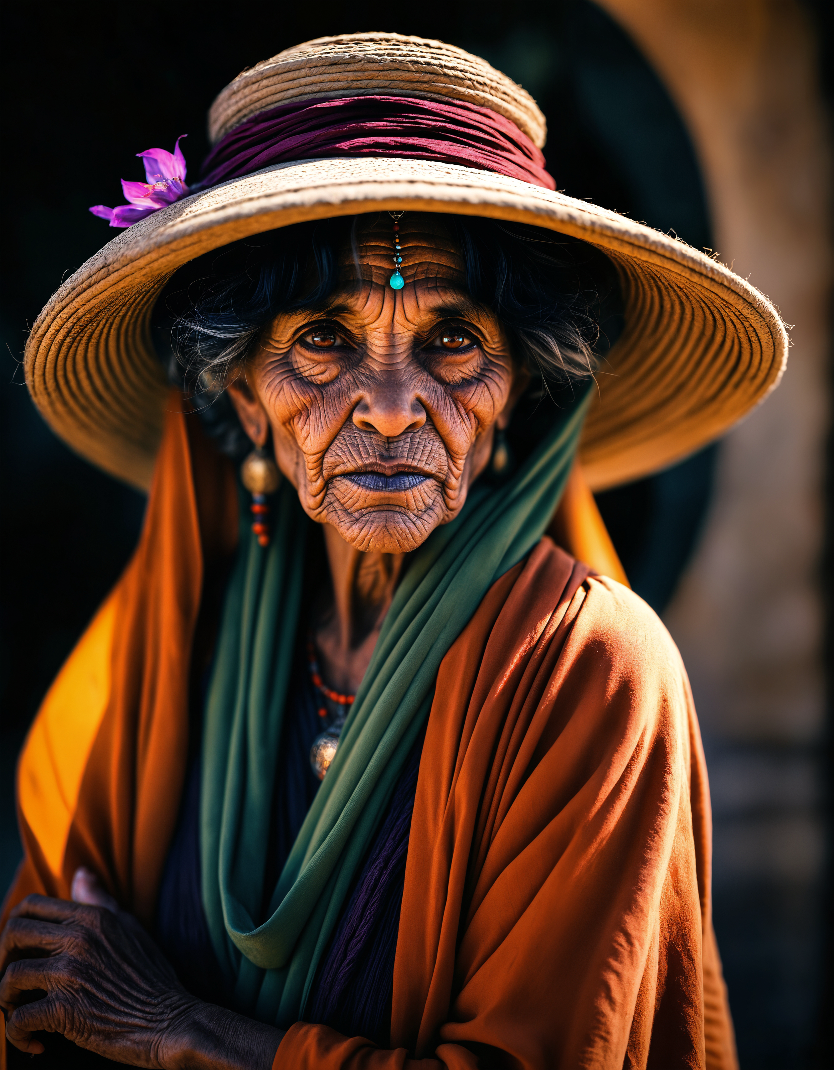 Capture the vibrant dark green-neon essence of a weathered old and worn-out female bedouin sorcerer amidst (swirling magical whisps). Wrinkles, aged skin, Bent forward, obscured beneath a large, round sedge hat, their face hidden behind the shadow. With arms outstretched, each hand holds a translucent orange/tanslucent purple/black iaidow, weapon, katana, holding sword, lightsaber, Against the backdrop of the sun, they stand in a magical incomprehensible world. translucent dark-red moonlight greatsword ,holding sword, glowing weapon, very detailed, atmospheric haze, Film grain, cinematic film still, shallow depth of field, highly detailed, high budget, cinemascope, moody, epic, gorgeous, 2000s vintage RAW photo, photorealistic, candid camera, color graded cinematic, eye catchlights, atmospheric lighting, skin pores, imperfections, natural, shallow dof