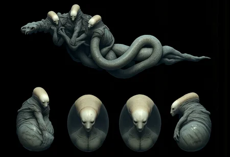 MikeFranchinastyle, d4artstyle, d4concept, , bbstyle,, horror theme,, zbrush, ZBClay model of a gray sculpture, 1990's, 1990's style
Set against a solid dark black color background to emphasize its unsettling unnatural form that emphasizes its silhouette. The medium is not a traditional painting or illustrative medium like watercolor or ink but rather a digital 3D rendering.
This creature, depicted in various forms, presents a fusion of snake and snail features. Its core design revolves around a serpentine body integrated with a shell. In the first render, the creature appears ethereal and luminous, with a pearl-like, almost celestial shell and a pale, ghostly body.