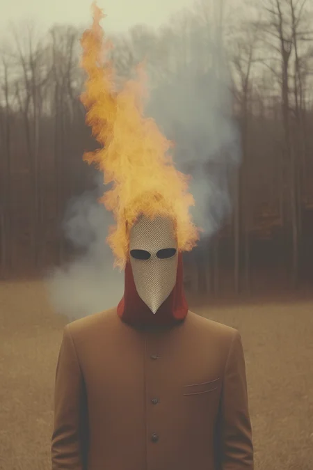 <lora:Christopher Ryan McKenney Style:1>Christopher Ryan McKenney Style - editorial fashion photograph of a man with head covered in fire,