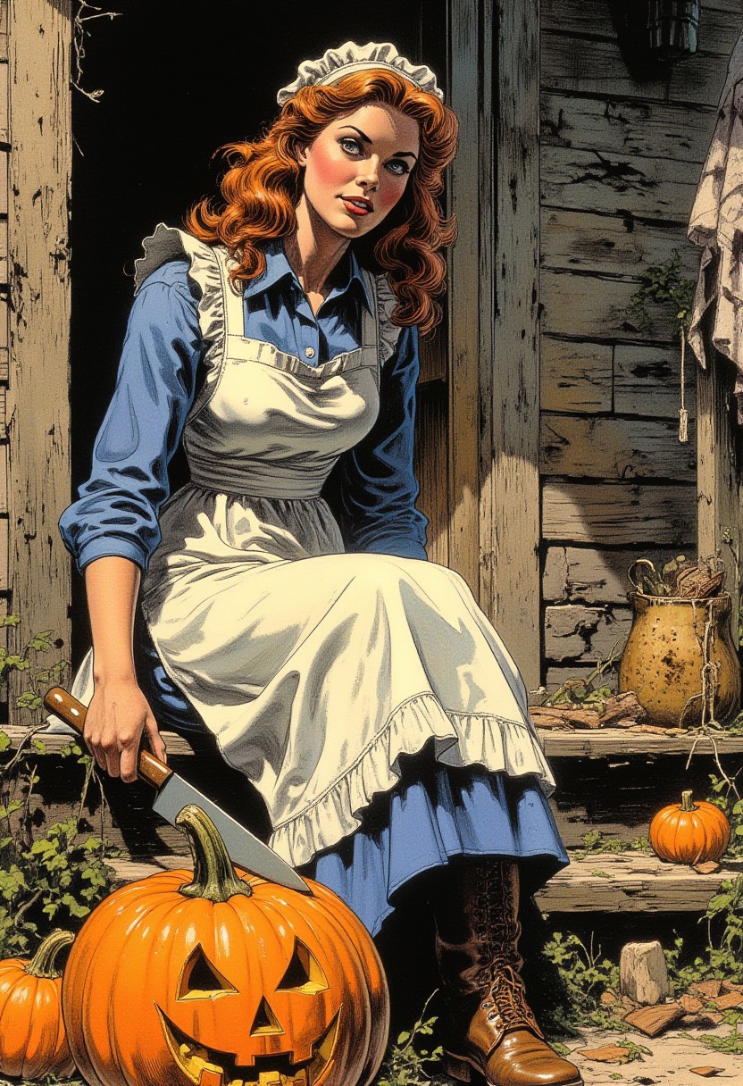 an illustration depicting a young woman wearing an apron sitting on a porch, talking to a fresh cut Halloween pumpkin, nonchalantly holding a large knife in her hand