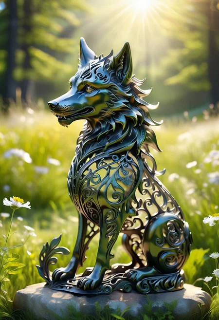 filigree openwork cast iron wolf figure with wavy metal swirl, fully transparent, sunny meadow background,