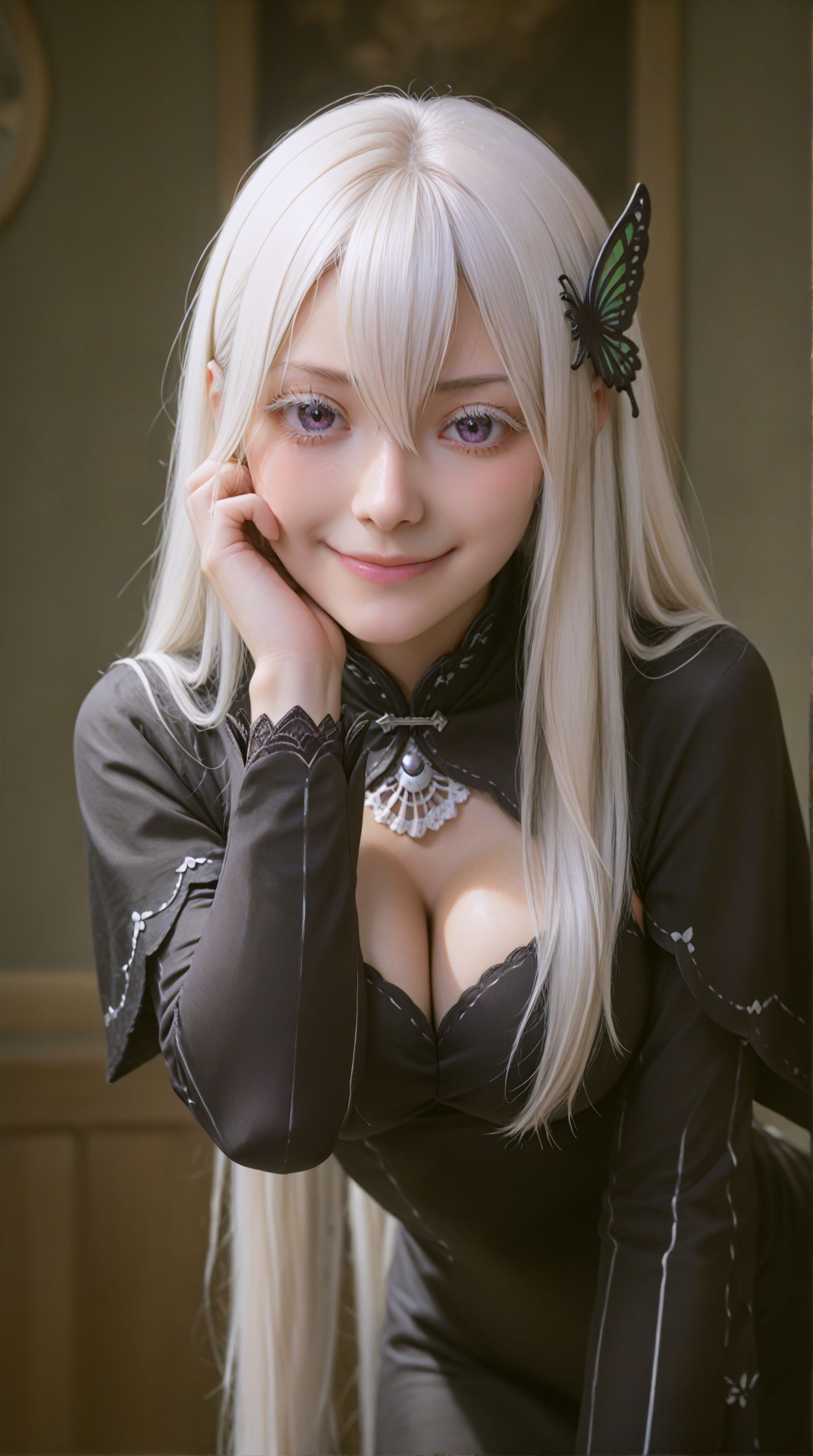 zPDXLxxx,score_9,score_8_up,score_7_up,realistic,masterpiece,best quality,perfect anatomy,very aesthetic,absurdres,
<lora:Quality tweaker_last:-2>,
<lora:Breast Slider - Pony_alpha1.0_rank4_noxattn_last:2>,
solo,blush,smile,
from below,adjusting hair,arm behind head,leaning forward,bent over,from side,
<lora:Echidna PonyXL Anzhc v1.6:1>,
echidna,purple eyes,white hair,hair between eyes,very long hair,butterfly hair ornament,
original dress,black dress,