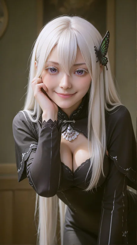 zPDXLxxx,score_9,score_8_up,score_7_up,realistic,masterpiece,best quality,perfect anatomy,very aesthetic,absurdres,
<lora:Quality tweaker_last:-2>,
<lora:Breast Slider - Pony_alpha1.0_rank4_noxattn_last:2>,
solo,blush,smile,
from below,adjusting hair,arm behind head,leaning forward,bent over,from side,
<lora:Echidna PonyXL Anzhc v1.6:1>,
echidna,purple eyes,white hair,hair between eyes,very long hair,butterfly hair ornament,
original dress,black dress,