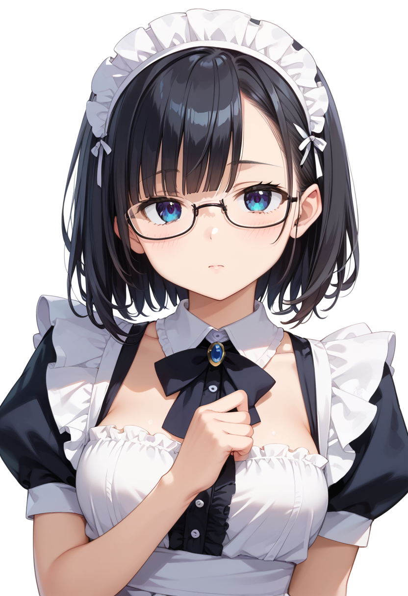 score_9, score_8_up, score_7_up, rating_safe, masterpiece, best quality, absurdres, unity 8k wallpaper, official art, official style, source_anime, uncensored, game cg, megami magazine,
1girl, solo, black hair, medium hair, upper body, covered eyes,maid, maid headdress, black dress, maid apron, face focus,
underrim_metal, glasses, still life, white background, simple background, under-rim eyewear, black-framed eyewear, 
 <lora:glasses_underRimMetal_PONY_V1:1>