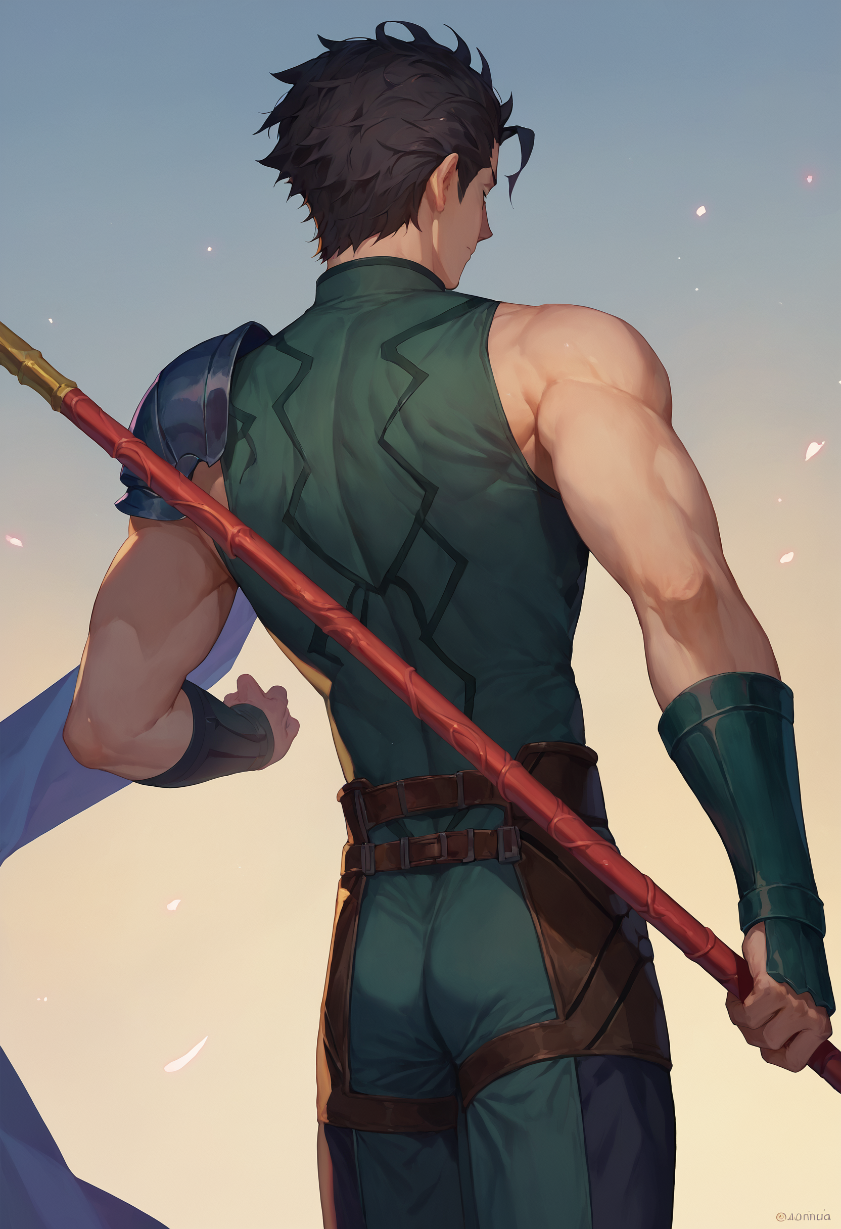 score_9, score_8_up, score_7_up, 1boy solo diarmuid lancer, sleeveless shoulder armor, holding polearm from behind
<lora:holding_polearm_from_behind_pose_final:1> <lora:diarmuid_pony_d16:1>