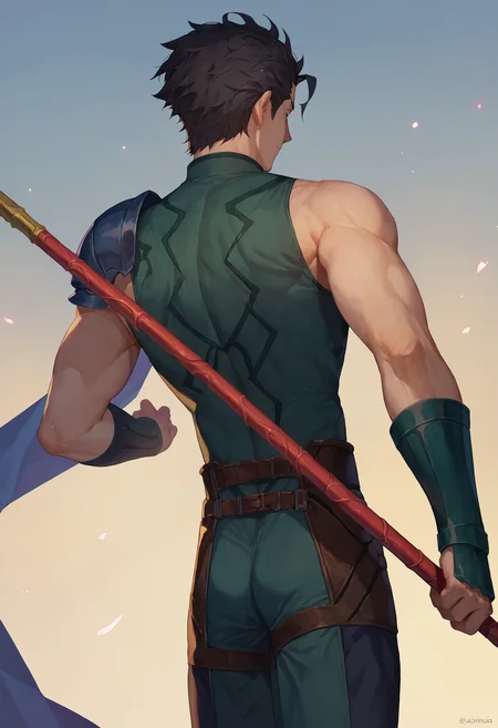 score_9, score_8_up, score_7_up, 1boy solo diarmuid lancer, sleeveless shoulder armor, holding polearm from behind
<lora:holding_polearm_from_behind_pose_final:1> <lora:diarmuid_pony_d16:1>