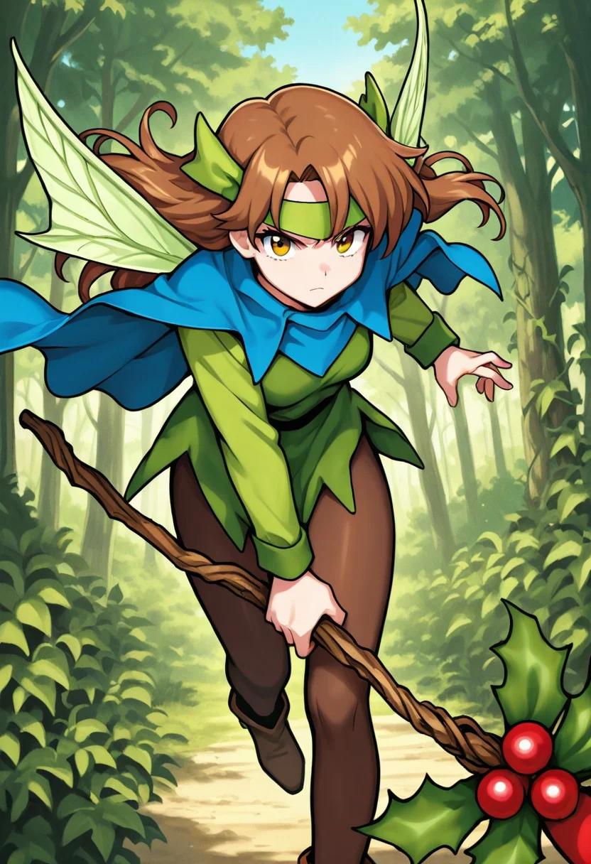 score_9,score_8_up,score_7_up,source_anime,5_figner,2d_animation,game cg,BREAK,1girl,solo,Holly Fairy,staff,brown hair,plant,vines,brown pantyhose,blue cape,long hair,green fairy,green headband,wings,flying,
cowboyshot,serious,looking at viewer,front view,
outdoor,forest,sky,
masterpiece,best qualit,ultra-detailed,illustration,an extremely delicate and beautiful,beautiful detailed eyes,unity 8k wallpaper,high resolution,anime CG,official_art,