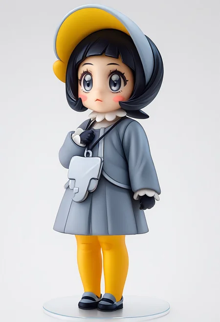 (score_9, score_8_up:1.1), score_7_up, (((realistic, photorealistic))), 1girl, solo, full body, figure,, three-quarter angle, dramatic angle, vivid lighting white trim, white background, flat ground, full body, ctianpoppy, grey eyes, blush stickers, grey dress, long sleeves, bonnet, yellow pantyhose, necklace, black gloves,