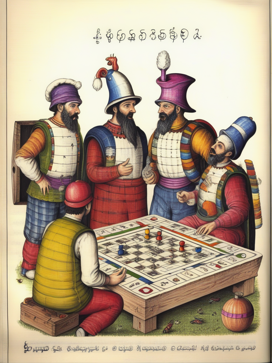 serafini style, a drawing of a group of people playing a boardgame, high details, <lora:Serafini_Style_XL_V1:0.8>