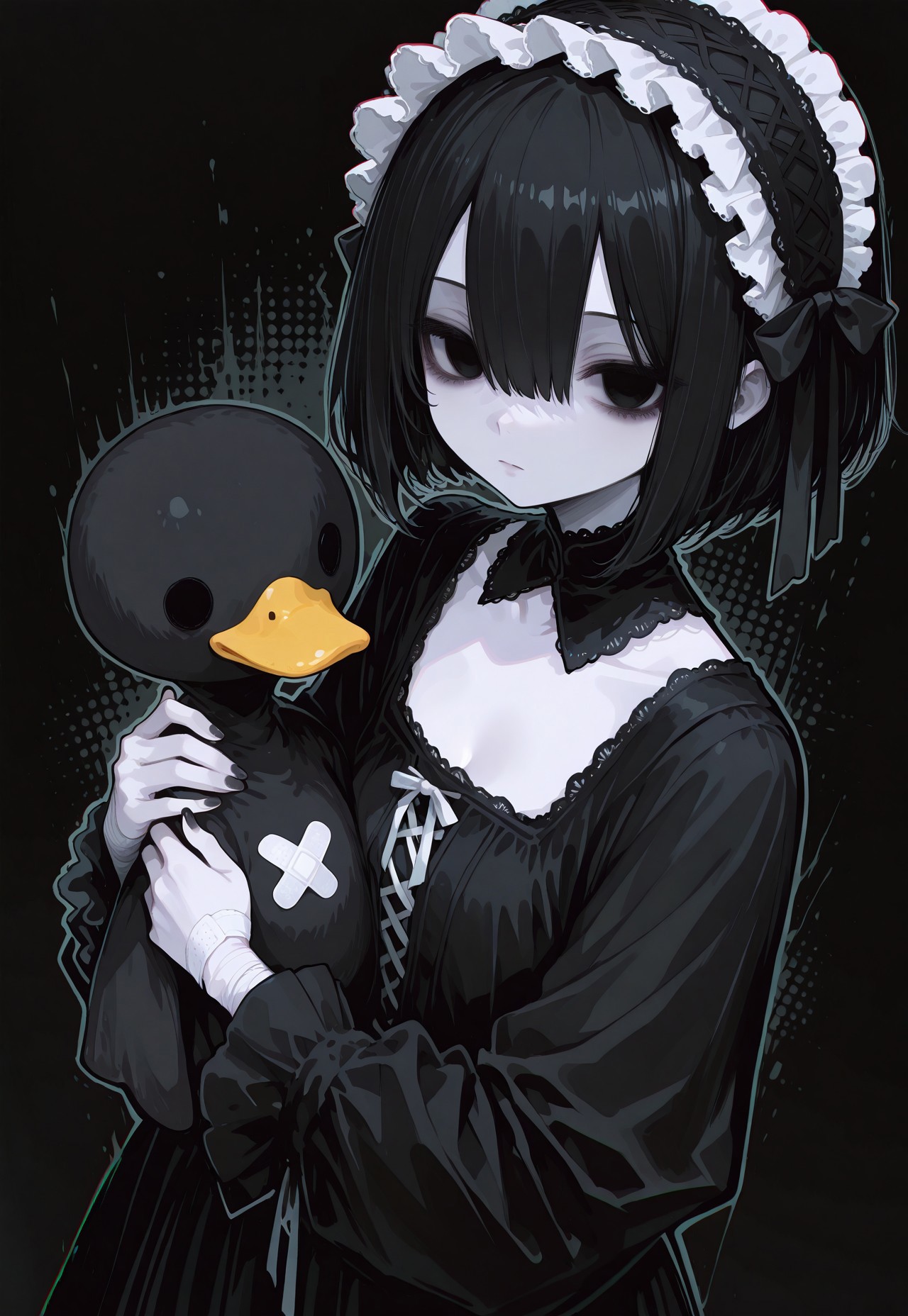 masterpiece,  best quality, good quality, very awa,  very aesthetic, absurdres, newest, oc-chan_(ketopon), 1girl, solo, black hair, bob cut, hair between eyes, black eyes, solid eyes, expressionless, black nail polish, looking at viewer, pale skin, frilled hair band, goth fashion, frilled dress, high collard,lace trim, square neckline, hugging,hugging stuffed animal, black duck, bandaid, bandages, upper body, black halftone background, dark theme,chromatic aberration, from above, dutch angle, limited palette, no lineart, no outline,painterly, blending, flat color, 15546+456868, r17329_illu,flatline,haiz_ai