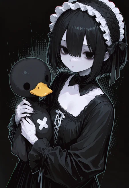 masterpiece,  best quality, good quality, very awa,  very aesthetic, absurdres, newest, oc-chan_(ketopon), 1girl, solo, black hair, bob cut, hair between eyes, black eyes, solid eyes, expressionless, black nail polish, looking at viewer, pale skin, frilled hair band, goth fashion, frilled dress, high collard,lace trim, square neckline, hugging,hugging stuffed animal, black duck, bandaid, bandages, upper body, black halftone background, dark theme,chromatic aberration, from above, dutch angle, limited palette, no lineart, no outline,painterly, blending, flat color, 15546+456868, r17329_illu,flatline,haiz_ai