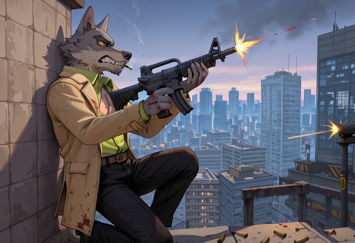 masterpiece, best quality, amazing quality, very aesthetic, absurdres, newest,  high quality, detailed, 
male, solo male, DaleDonovan, 1boy, mature male, male, anthro, wolf, broad shoulders, scruffy, gray fur, light tan underbelly, black eyes, yellow sclera, thick eyebrows, animal ears, 
tan jacket, green collared shirt, black pants, nipples, bashful, cigarette, clenched teeth, canine teeth, serious, annoyed, gripping chest, rubbing  chest, blood on hands, blood on clothes, chest wound, on one knee, on knee, crouched, against wall,
belt, c-m16, holding m16, firing gun, muzzle flash, shell casing, shooting post, action pose, side view, cowboy shot, 
outside, rooftops, city skyline, overlooking city, looking at viewer, detailed background,