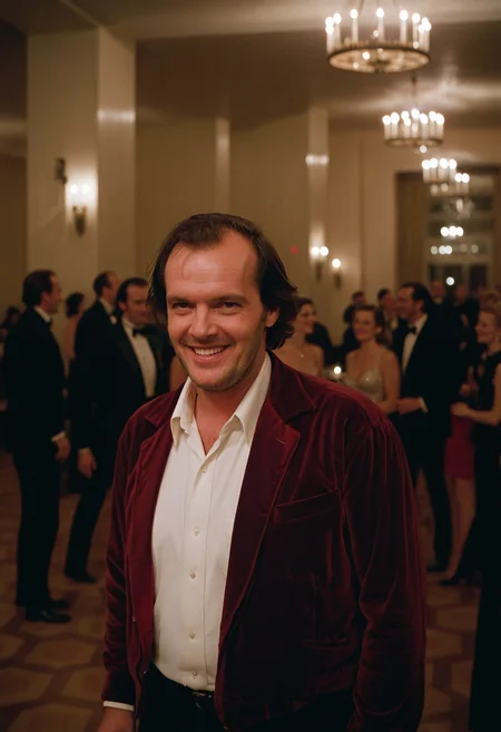 Shin1ng, Jack Torrance, man, smile, ballroom, party, people, Overlook Hotel, indoors, (stylish grainy 35mm analog film photo)