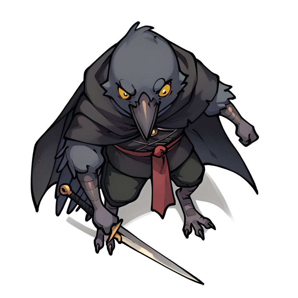 (((detailed, beautiful, high quality))), score_9, score_8_up, score_7_up, solo, 
dndt0ken, top down view, from above,
kenku, anthro bird, anthro crow, plumage, 
1 boy, male focus, yellow eyes, black cape, assassin's clothing, black shorts, 
surprised face holding kunai, kunai (weapon),
white background, standing