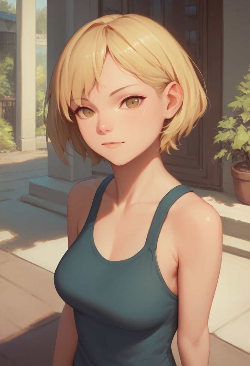 score_9, score_7_up,  1girl,   looking at viewer,  short hair, blonde hair,  <lora:bigbear-000042:1>