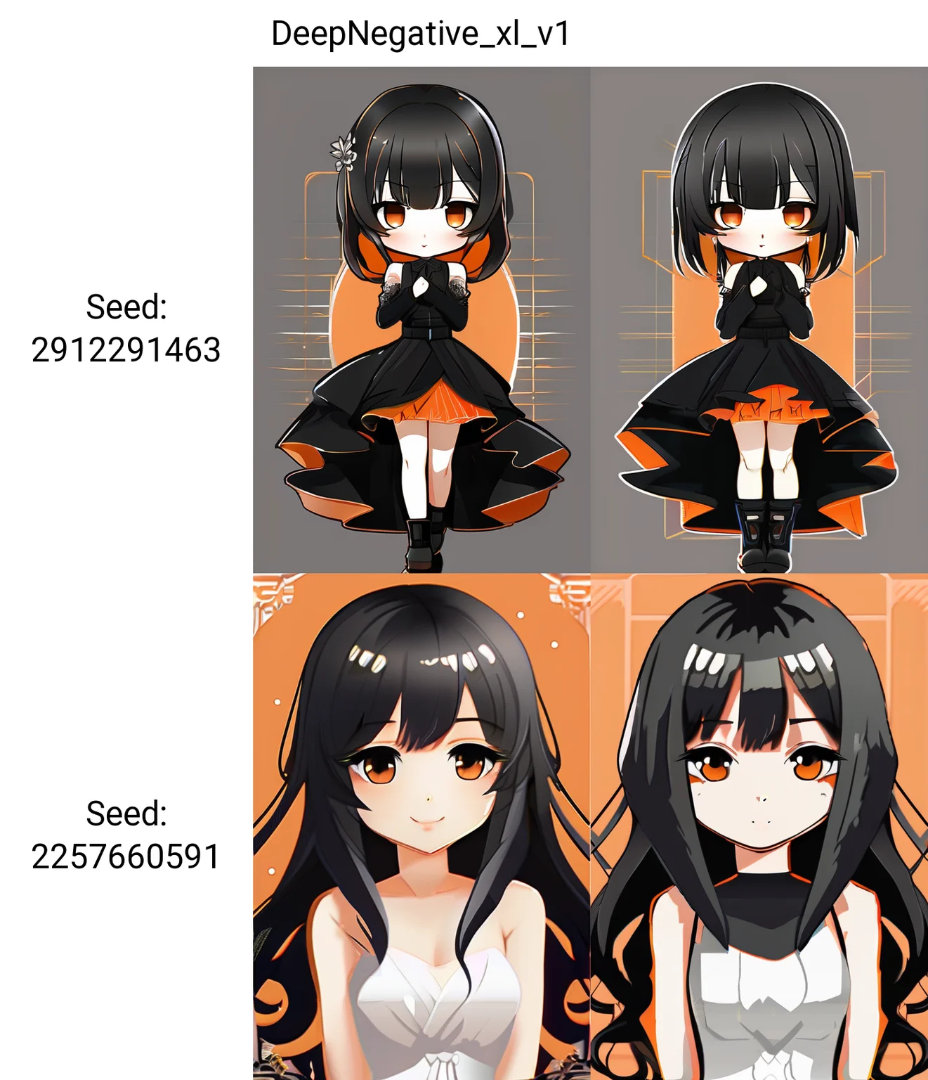 Chibi anime style
1girl,hair with bangs,black long dress,orange background,