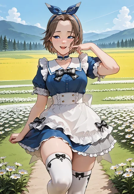 masterpiece,RobynSpade, Short hair, Brown hair, freckles, blue eyes, masterpiece, best quality, amazing quality, 1girl, solo, light smile,open mouth, frilled dress, aquawonder, two-tone dress,blue dress, print thighhighs, white thighhighs, finger to face, outdoors, Flower field,standing on one leg,arm up,