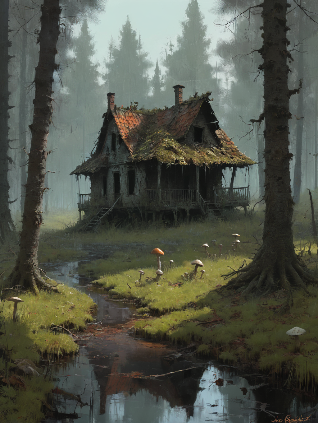 illustration, atmosphere of fear, detailed and sharp, stake paisade, a swamp glade, derelict house in the forest, mushrooms, swamp, art by Jakub Rozalski