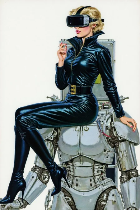 cobyw1 illustration A striking, futuristic scene depicts a woman dressed in sleek, form-fitting leather attire, sitting confidently atop an open power suit, inspired by the cyberpunk aesthetics of Masamune Shirow. The power suit, a blend of advanced technology and military-grade armor, features intricate mechanical details, exposed wiring, and a robust, yet streamlined design. The woman, wearing a cutting-edge VR headset, exudes a sense of control and mastery over the machine beneath her. Her posture is relaxed yet commanding, with one hand resting on the suit's metallic surface and the other casually holding a piece of advanced tech. <lora:cobyw1_cap_d6a3e12:1.0><lora:818790929210116245:0>