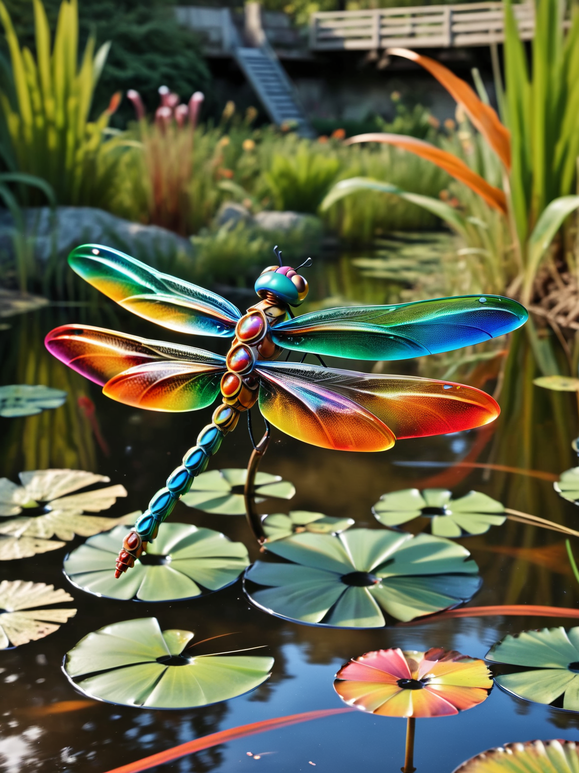 ais-colorfulplastic dragonfly hovering over a pond <lora:Colorful_Plastic_SDXL:1>