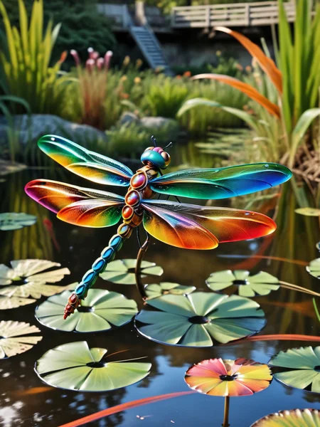 ais-colorfulplastic dragonfly hovering over a pond <lora:Colorful_Plastic_SDXL:1>
