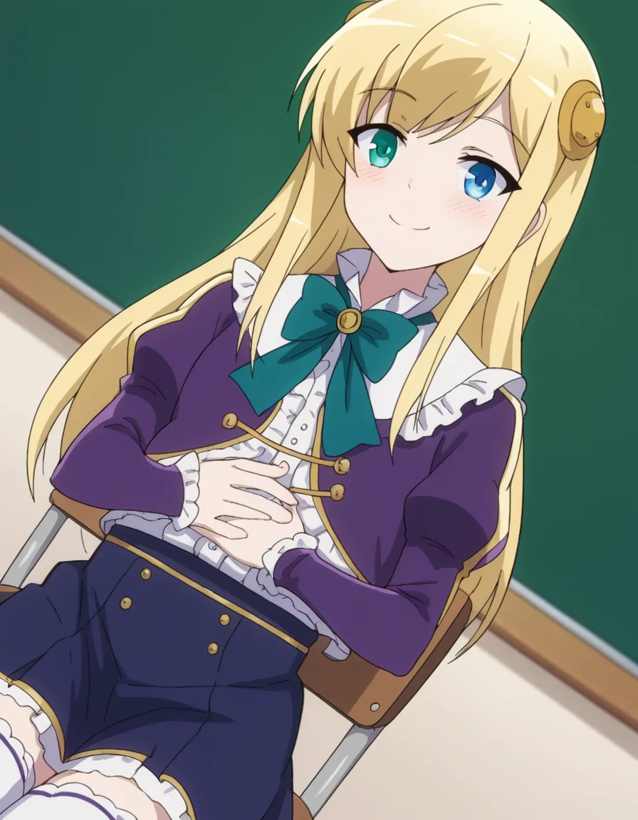 score_9, score_8_up, score_7_up, source_anime, <lora:yumina-belfast-urnea-s2-ponyxl-lora-nochekaiser:1>, yumina belfast urnea, long hair, blue eyes, blonde hair, hair ornament, green eyes,, skirt, thighhighs, purple sleeves, frills, white skirt, skirt, blue skirt, frilled skirt, bowtie, green bowtie, frilled center, classroom, chalkboard, day time, studying, sitting, chair, desk,, smile, hands on stomach, blush,, looking at viewer, solo,, dutch angle, cowboy shot