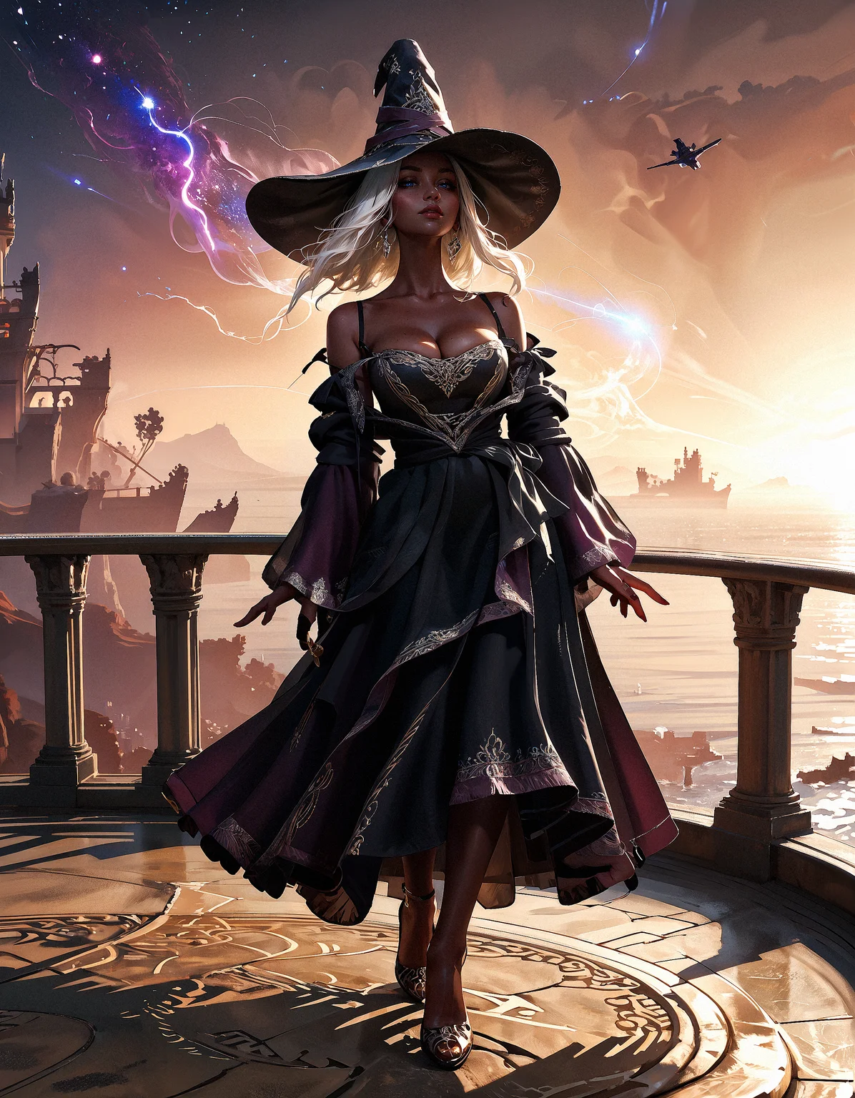 score_9, score_8_up, score_7_up, score_6_up, score_5_up, score_4_up, RecluseER, 1girl, white hair, witch hat, dark skin, dress, side view, a woman, full body, legs, posing, showing off, solo focus, dark skin, black skin, thin, natural makeup, lusty, model, high heels, (leaning back, arching, cleavage, large round breasts), gorgeous, alluring, perfect face, freckles, dark skin, glossy skin, dramatic lighting, shadow, beautiful, sensual, luxurious, elegant, sunny, lewd eyes, eye contact, (on a balcony overlooking the sea, space traveler, galactic, otherworldly, ethereal, atmospheric, galaxy <lora:PonyRecluseER-000008:1> <lora:Expressive_H-000001:0.6>, expressiveH <lora:g0th1cPXL:0.4> <lora:incase_style_v3-1_ponyxl_ilff:0.3> <lora:sinfully_stylish_SDXL:0.4>