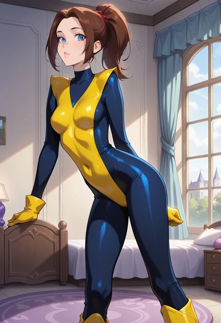 masterpiece,best quality,amazing quality,very aesthetic,absurdres,newest, huge filesize,
<lora:spo_sdxl_10ep_4k-data_lora_webui:0.5>,
<lora:add-detail-xl:1>, spykeee,
1girl, bedroom, mansion, (KittyPryde, ponytail, parted bangs, brown hair, blue eyes, classic bodysuit, yellow bodysuit, yellow gloves, yellow boots), skinny, slim figure, petite