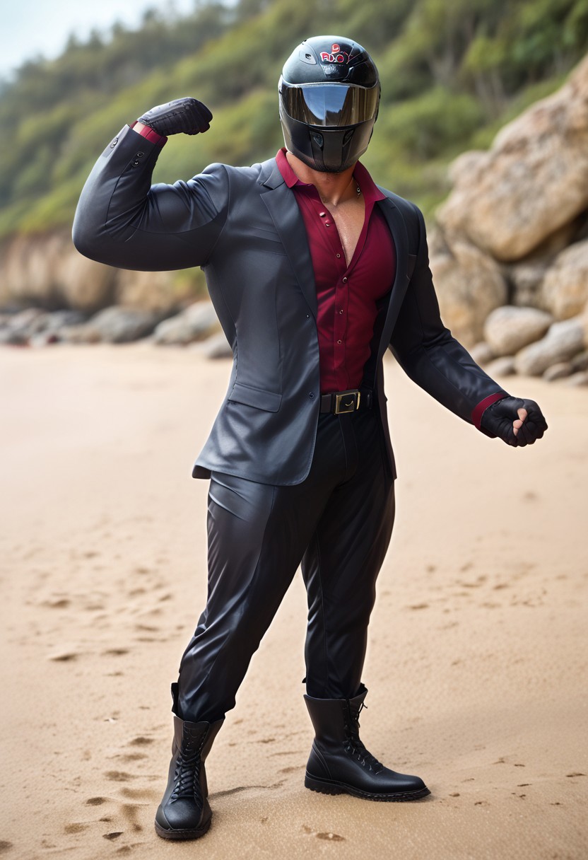 score_9, score_8_up, score_7_up, photo, photorealistic, rating_explicit, (solo:1.1), 1boy, black helmet with tinted visor, muscular male, masculine male, red glossy v neck shirt, black glossy leather blazer suit, formal, glossy pants, belt, skintight, black rubber gloves, black rubber boots, abs, nipples, pecs, flexing, proud, sweaty, outdoors beach, five digits