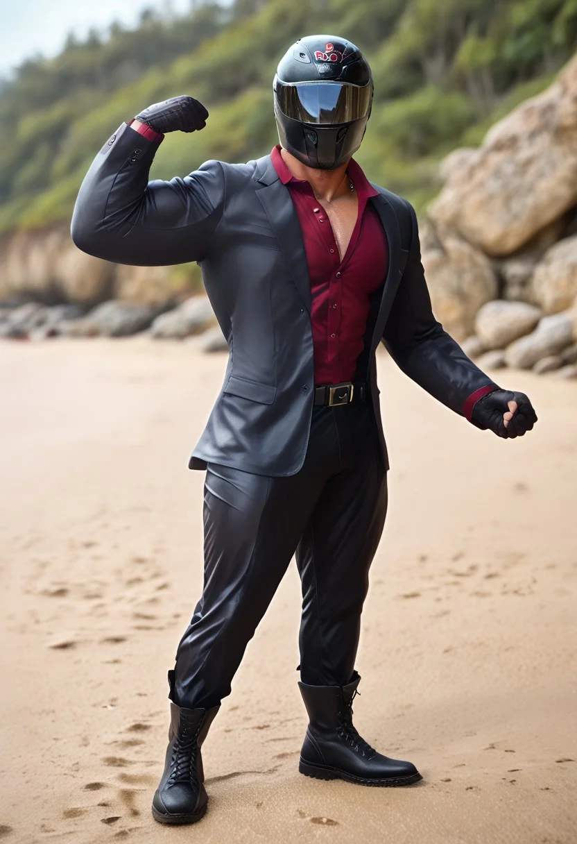 score_9, score_8_up, score_7_up, photo, photorealistic, rating_explicit, (solo:1.1), 1boy, black helmet with tinted visor, muscular male, masculine male, red glossy v neck shirt, black glossy leather blazer suit, formal, glossy pants, belt, skintight, black rubber gloves, black rubber boots, abs, nipples, pecs, flexing, proud, sweaty, outdoors beach, five digits