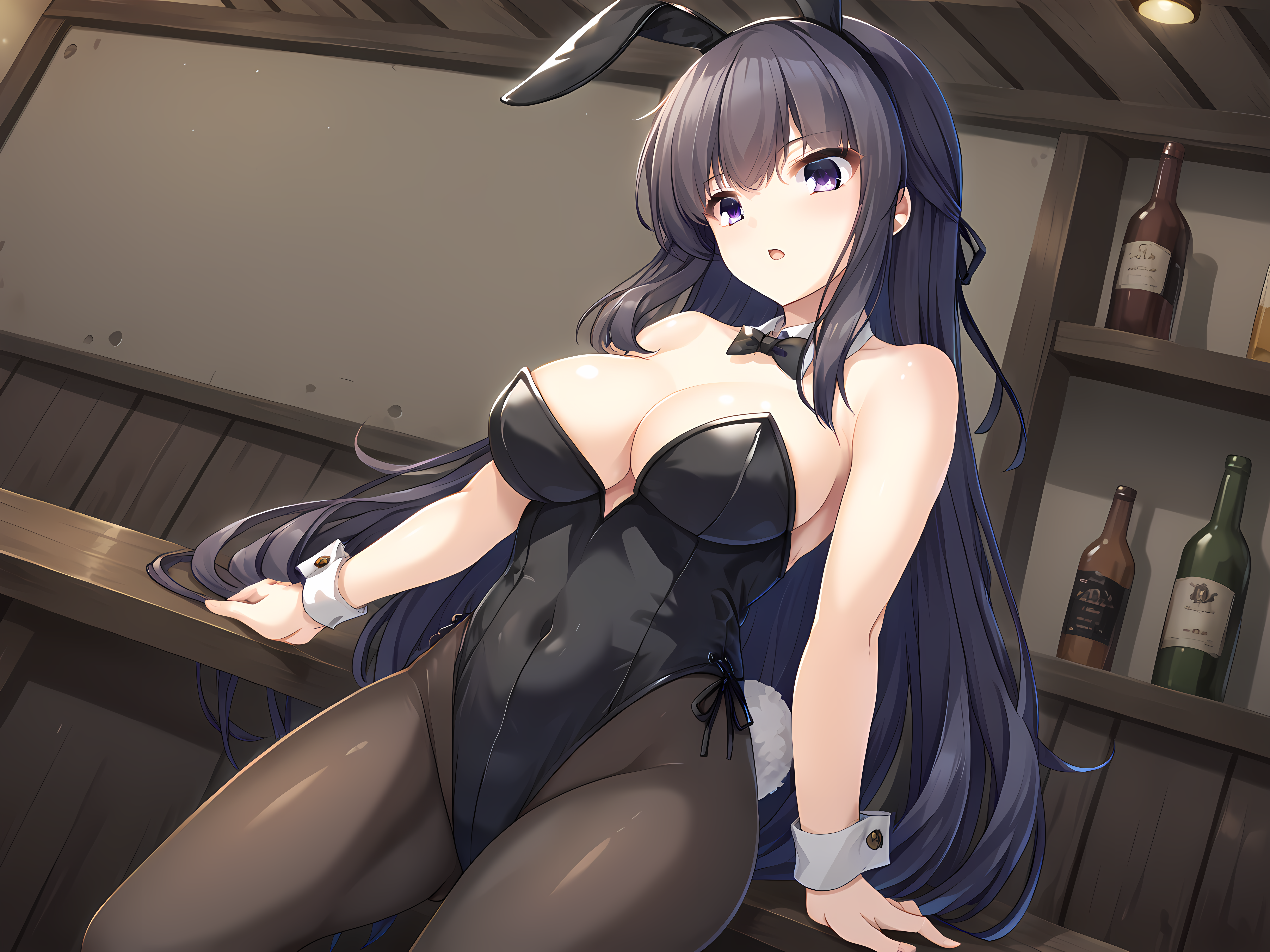 breasts,1girl,escude,kagami,purple eyes,large breasts,cowboy shot,indoors,bar,playboy bunny,fake animal ears,cleavage,pantyhose,living room,<lora:ESCUDE_-_Haisen_Shoujo_-_Kagami:0.9>,, score_9, score_8_up, score_7_up,source_anime,(masterpiece),(best quality),(ultra-detailed),(best illustration),(best shadow),(absurdres),(detailed background),(very aesthetic),source_anime