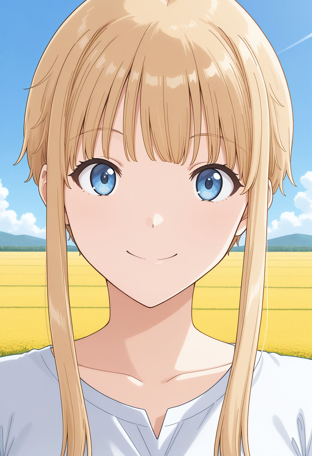 malta, blue eyes, blonde hair, short hair with long locks, sidelocks, shirt, <lora:malta_illustrious_ver1:0.8> 
smile, 
1girl, solo, (field:1.2), (blue sky:1.2), looking at viewer,, masterpiece, best quality, general,, (upper body:1.2), (close-up:1.2), (facing viewer:1.2), (open eyes:1.4), (portrait:1.2)