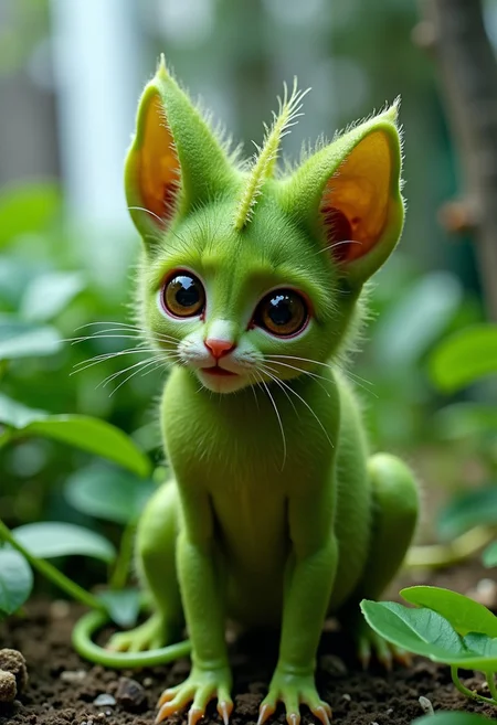 make a special creature that is a mix of a cat and a carnovrous plant, this creature is proportionnal have faculty to move and catch some fly and mouses, its an adaptation of evolution on earth, the picture should be highdefinition and with a lot of detail,background laboratory