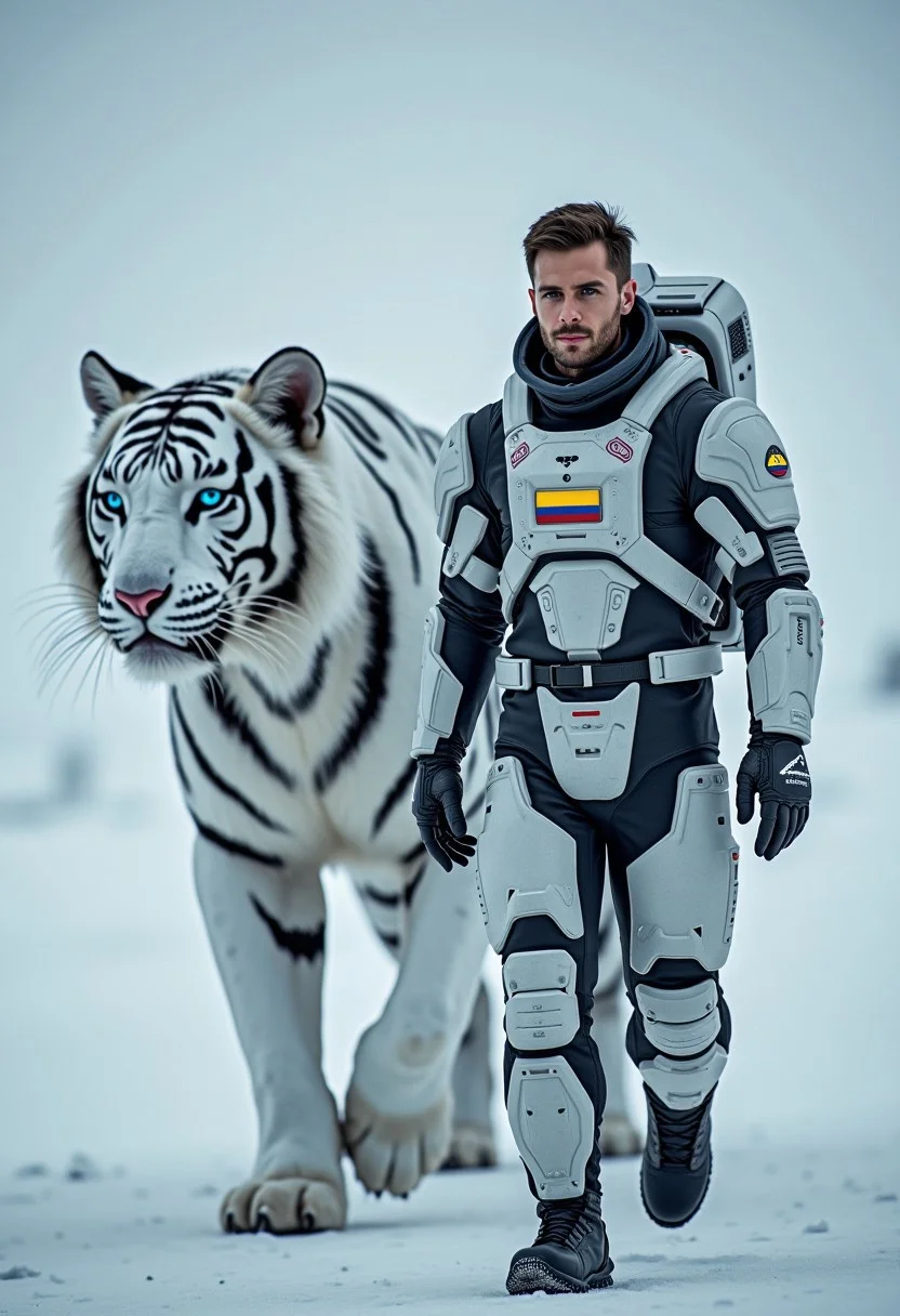 A hyper-realistic image of a Colombian astronaut-soldier in his early 30's, male, Caucasian, wearing advanced, space-ready Destiny II - inspired power armor without a helmet, walking beside a gigantic robotic white tiger. The icy plains of Europa stretch behind them, with the robotic tiger’s glowing blue stripes lighting up the frozen landscape. The soldier’s face is clearly visible, showing calm focus, with the Colombia flag badge displayed on both their armors. Adding depth to the composition. High-contrast color, cinematic quality, high resolution, super-detailed, super-sharp focus, depth of field, and dramatic lighting and shadows.