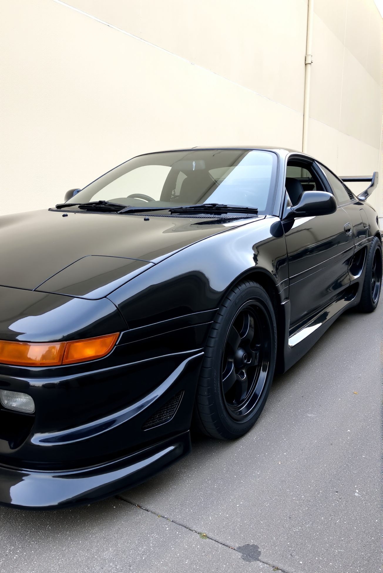 <lora:Toyota_MR2_SW20:0.8> 
A glossy black Toyota MR2 SW20 modified for high-performance driving, parked in front of a light concrete wall, captured in a low three-quarter angle with strong contrast. The deep black paint absorbs the environment, with high-gloss reflections tracing every curve of the wide fenders and extended side skirts. The front bumper features a vented design with a carbon lip splitter and smoked indicators. The headlights are clear and angular, focused forward like a predator. Aggressive multi-spoke wheels in satin black complete the stance, tucked beneath low-slung arches. A tall GT wing adds rear drama, visible in silhouette against the bright wall. The clean, minimal backdrop enhances the carâs visual weight, presenting this MR2 as a track-focused icon with street-tuned authority.