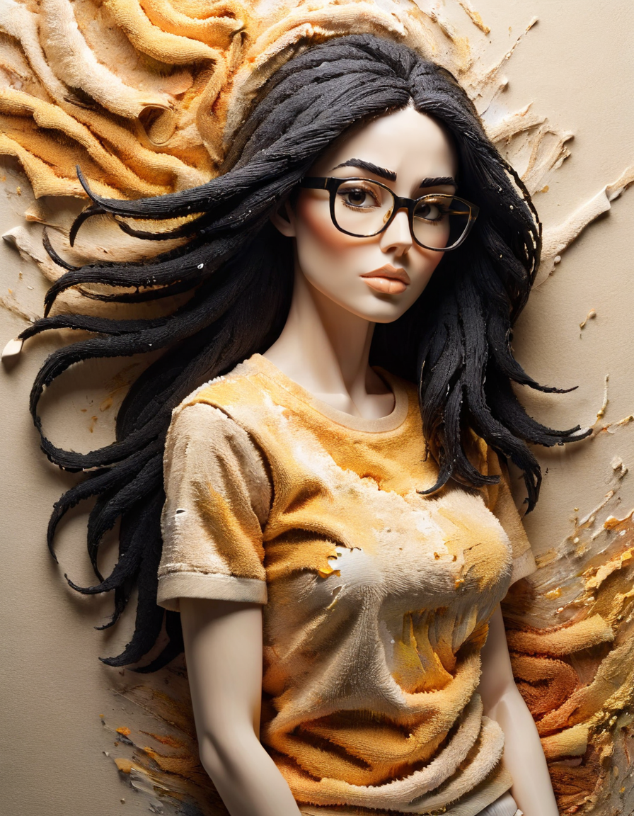 Oil painting style art abstract impressionism painting with rough brush strokes, masterpiece, best quality, a long black haired, 50yo woman ral-3dcubes,glasses, a gold T-shirt, minimalist background with vibrant color splashes, looking at viewer, intricate details, solo, upper body, 3d render, cinematic lighting, detailed, volumetric, made out of ral-towl <lora:ral-towl:1> closeup shot
