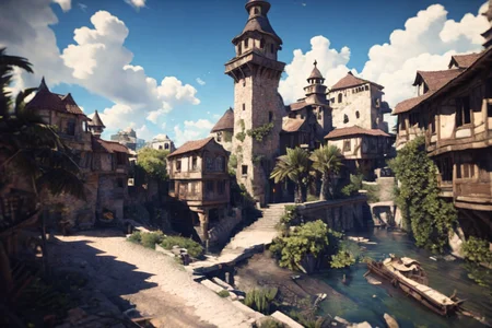 <lora:HarborAndDocks:0.8> hado, outdoors, watercraft, building, clouds, docks, water, morning light, fantasy, mystical, magical, stone and wood, OverallDetail, epiCPhoto, <lora:Wizard_Tower:0.6> witow, tower, castle, Style-Renaissance